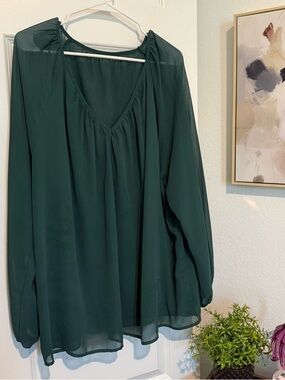 Bloomchic Deep Green Long-Sleeve V-Neck Blouse Size 22-24